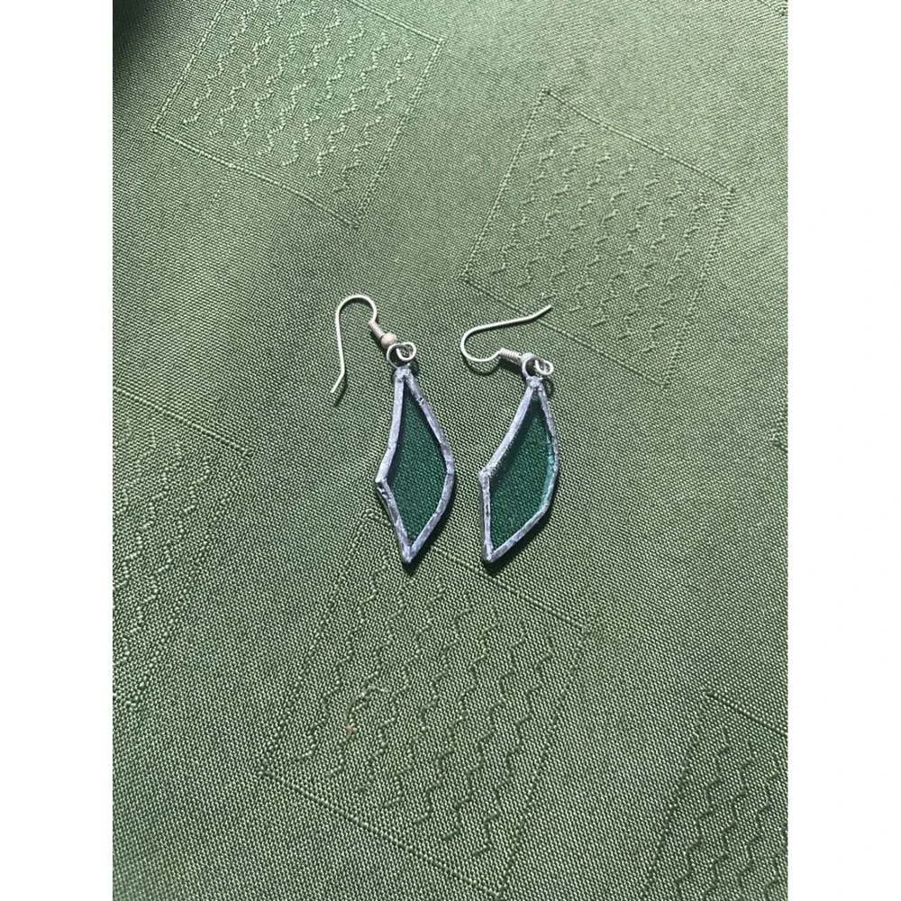 Handmade Stained Glass Geometric Dangle Earrings Forest Green Silver Tone Hooks